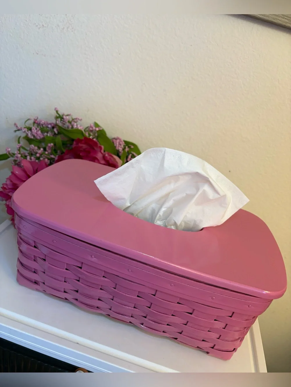 Vintage Longaberger Large Tissue Basket with Wood Lid, Painted Pink Gloss
